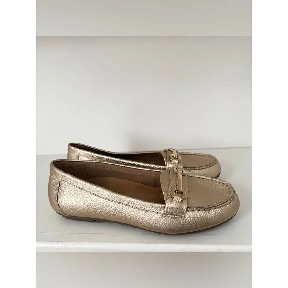 Vionic Kenya Gold Metallic Pebbled Leather Loafers Womens 7.5